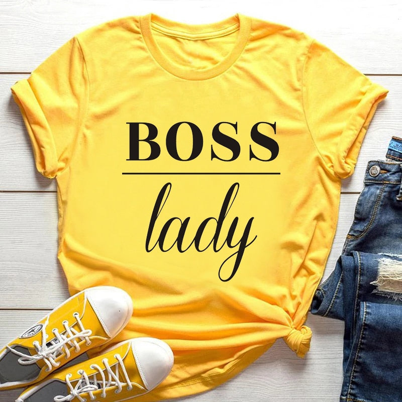 T-Shirt de Algodão de Gola Redonda "Boss Lady"