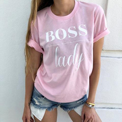 T-Shirt de Algodão de Gola Redonda "Boss Lady"